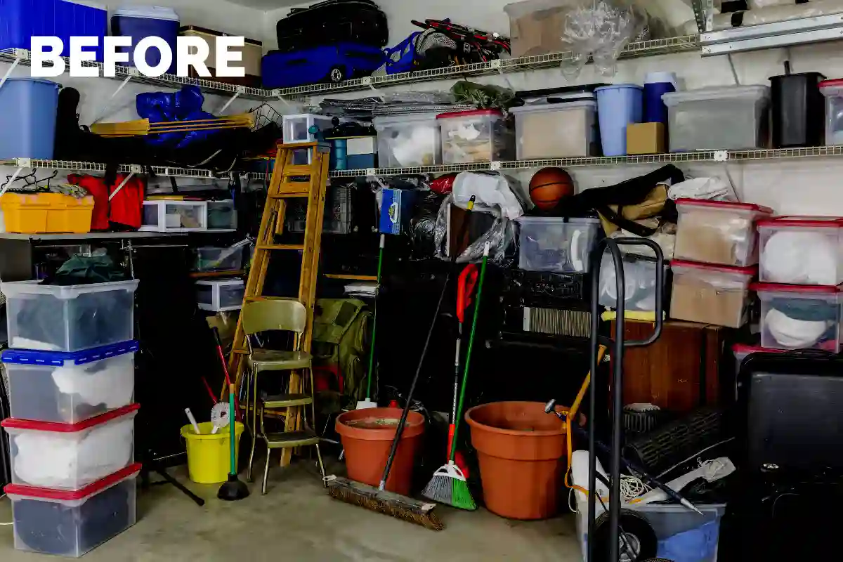 Cluttered garage with multiple storage bins