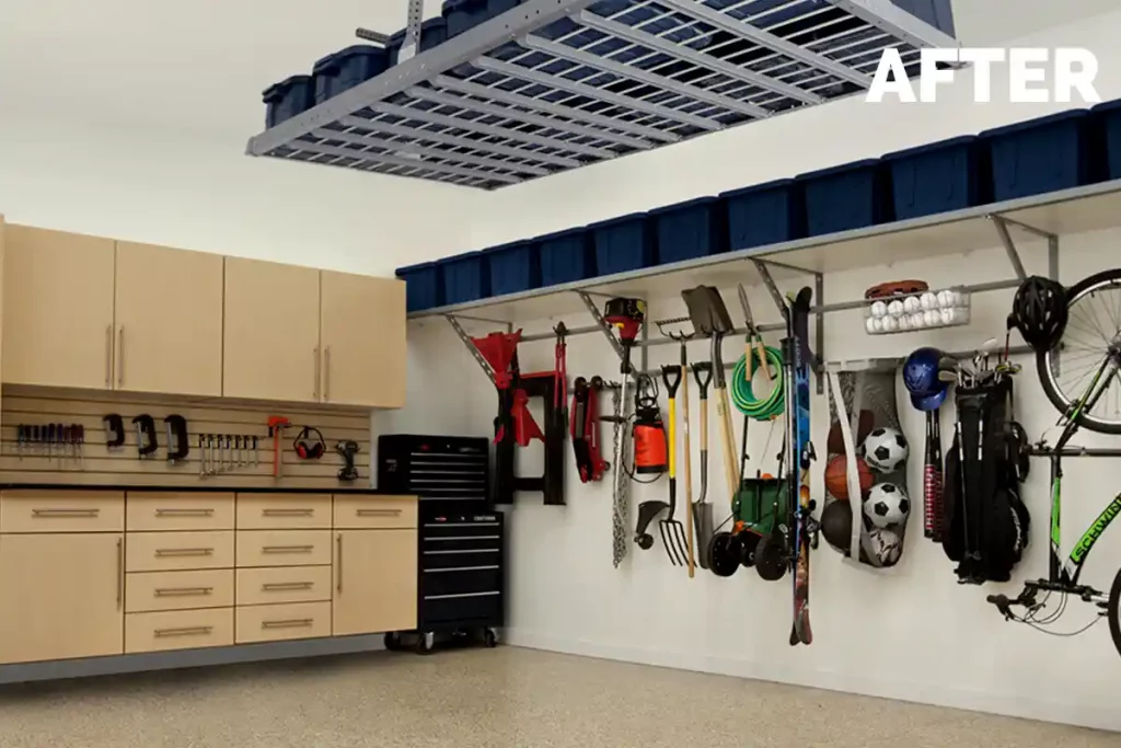 Organized garage with storage bins cabinets and overhead racks