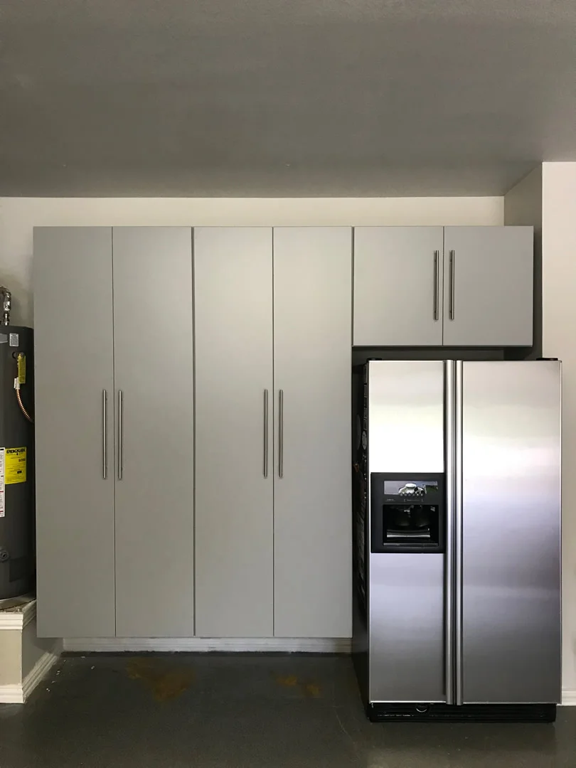 Silver with silver handles over the fridge image