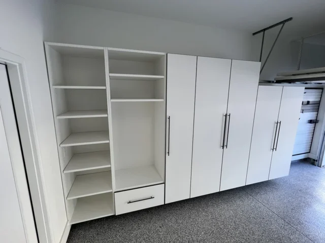 WHITE CABINETS BLACK EDGE BANDING WITH SHOE CABINET image